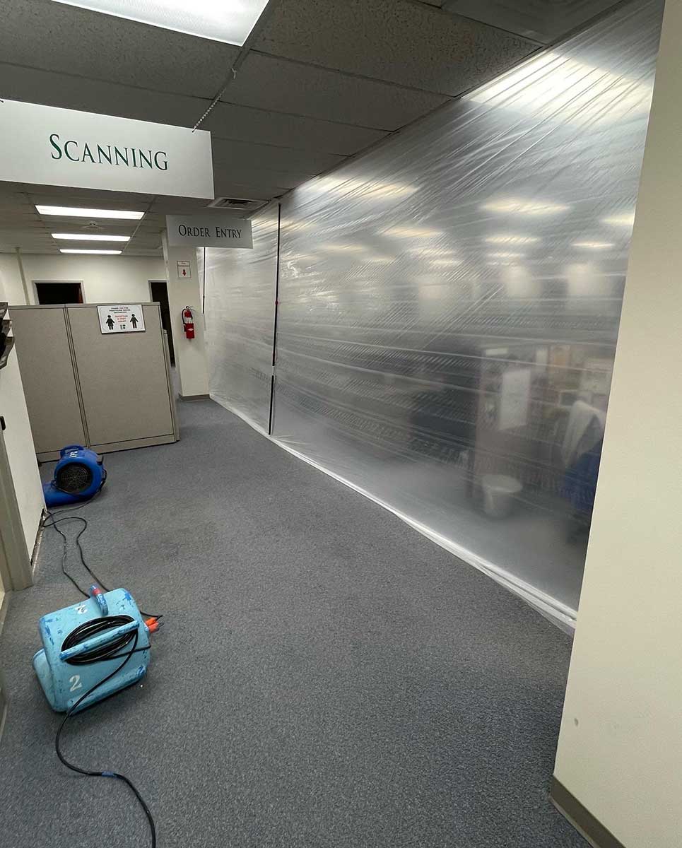 To prevent the spread of mold spores, we set up containment. This protects the rest of the area from being contaminated during the mold remediation process. 